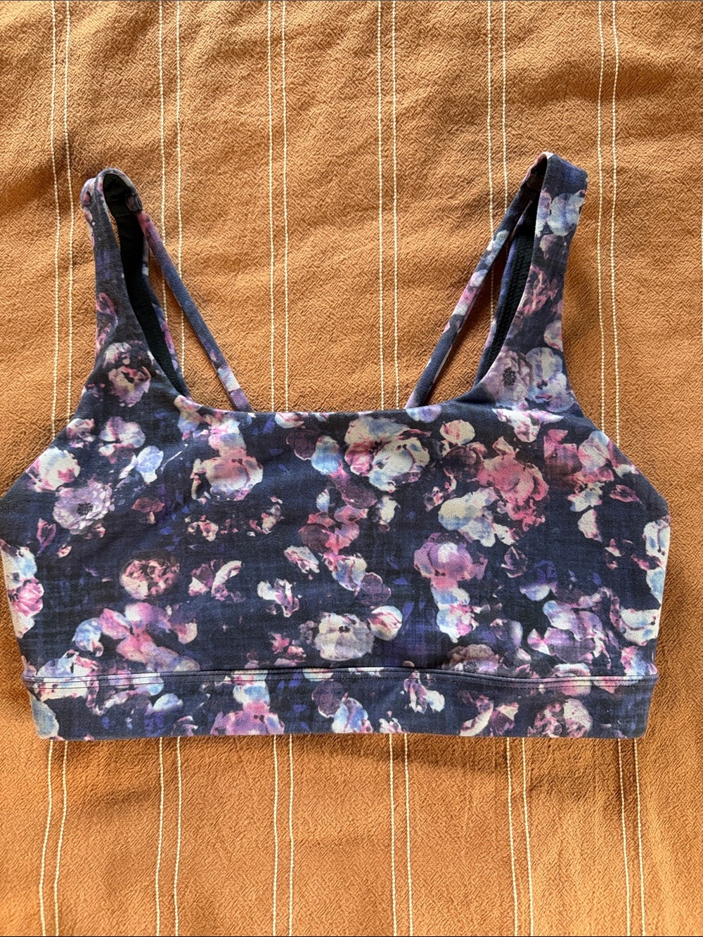 Athleta Floral Watercolor Sports Bra - Black with Pink & Purple Accents